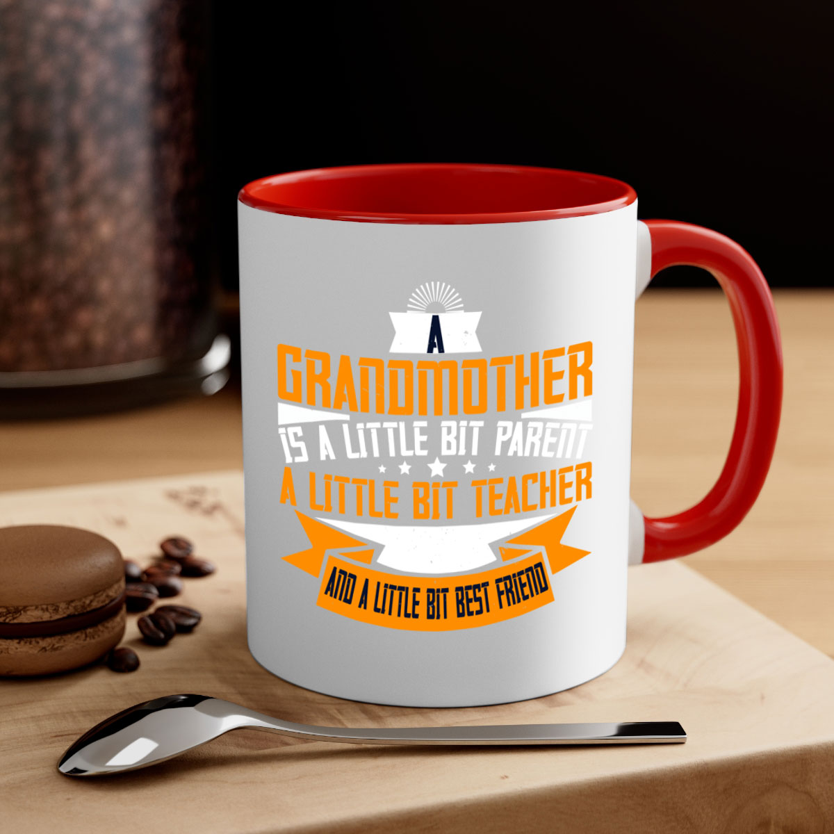 A stylish two-tone ceramic mug with a colored handle and interior, featuring the phrase 'A grandmother is a little bit parent a little bit teacher 43#'.