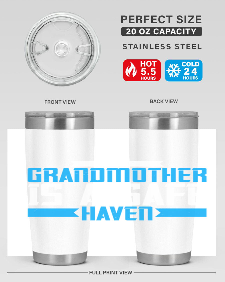 A stylish 20oz tumbler featuring the phrase 'A Grandmother is a safe haven', made of stainless steel with a copper lining, perfect for hot and cold beverages.