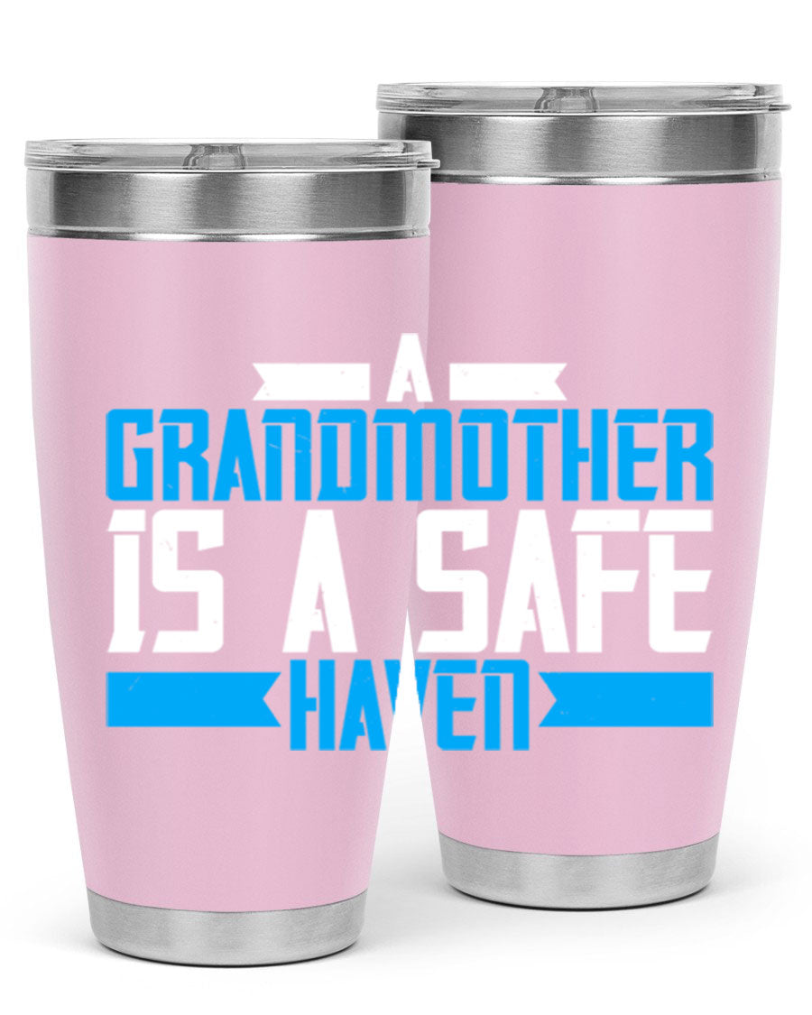 A stylish 20oz tumbler featuring the phrase 'A Grandmother is a safe haven', made of stainless steel with a copper lining, perfect for hot and cold beverages.