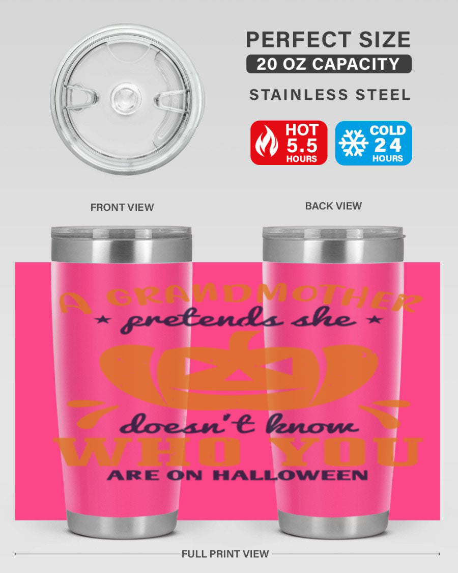 A stylish grandmother pretends 162# Halloween Tumbler made of stainless steel, featuring a double wall vacuum design and a drink-thru lid.