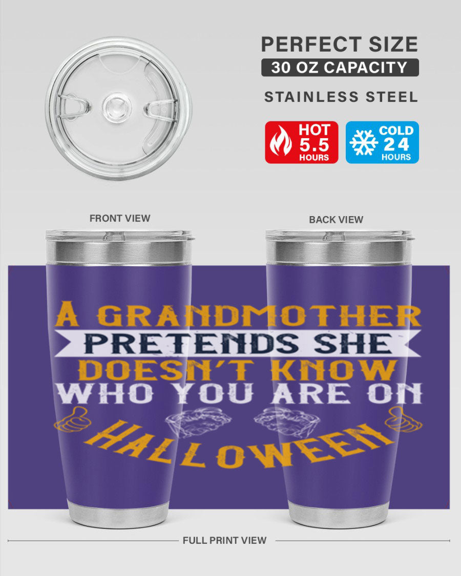 A stylish stainless steel tumbler featuring a playful Halloween design with a grandmother pretending not to recognize you, perfect for hot and cold beverages.