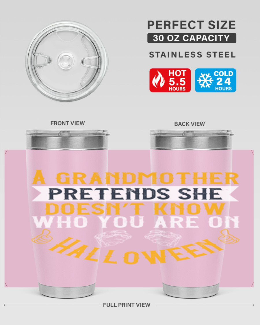 A stylish stainless steel tumbler featuring a playful Halloween design with a grandmother pretending not to recognize you, perfect for hot and cold beverages.