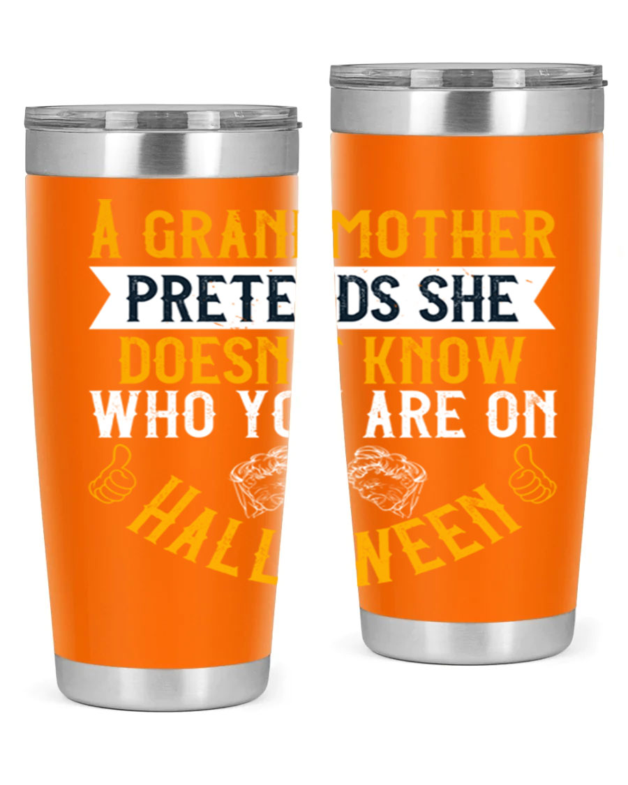 A stylish stainless steel tumbler featuring a playful Halloween design with a grandmother pretending not to recognize you, perfect for hot and cold beverages.