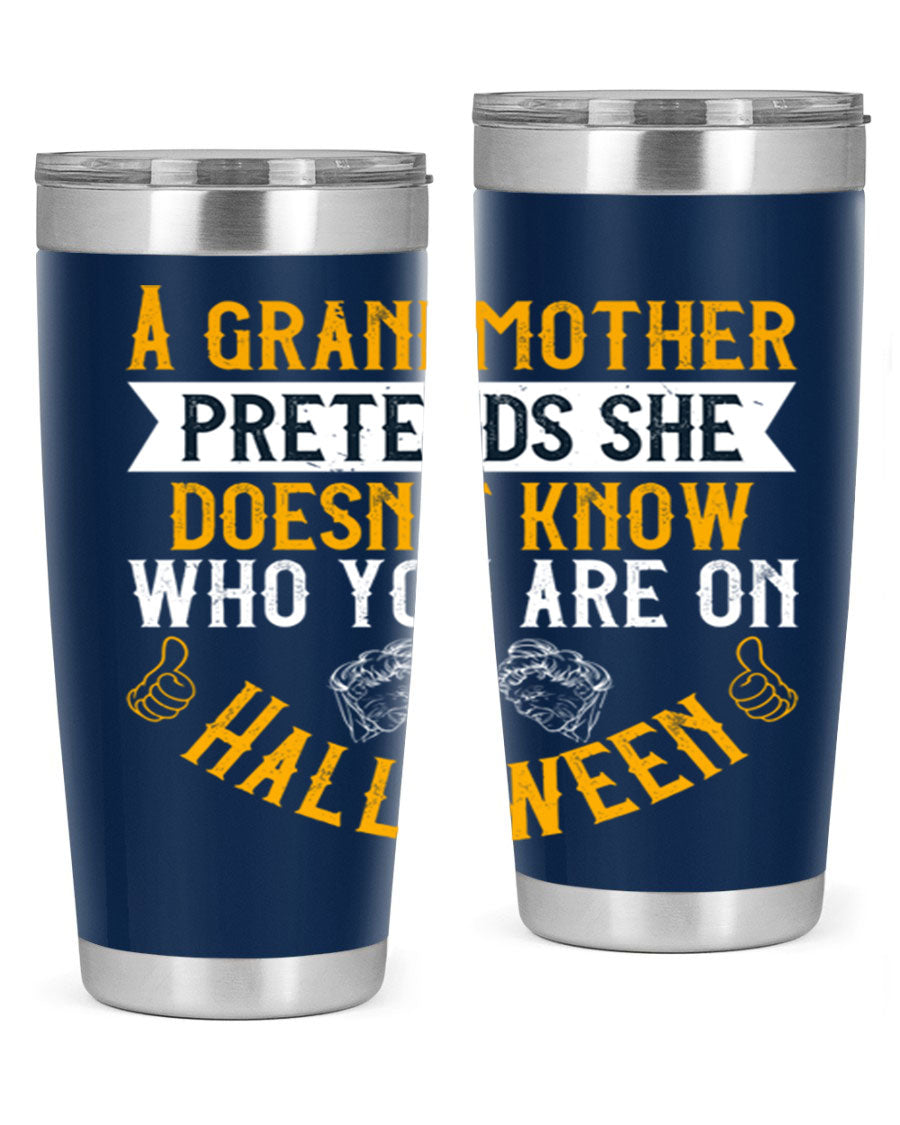 A stylish stainless steel tumbler featuring a playful Halloween design with a grandmother pretending not to recognize you, perfect for hot and cold beverages.