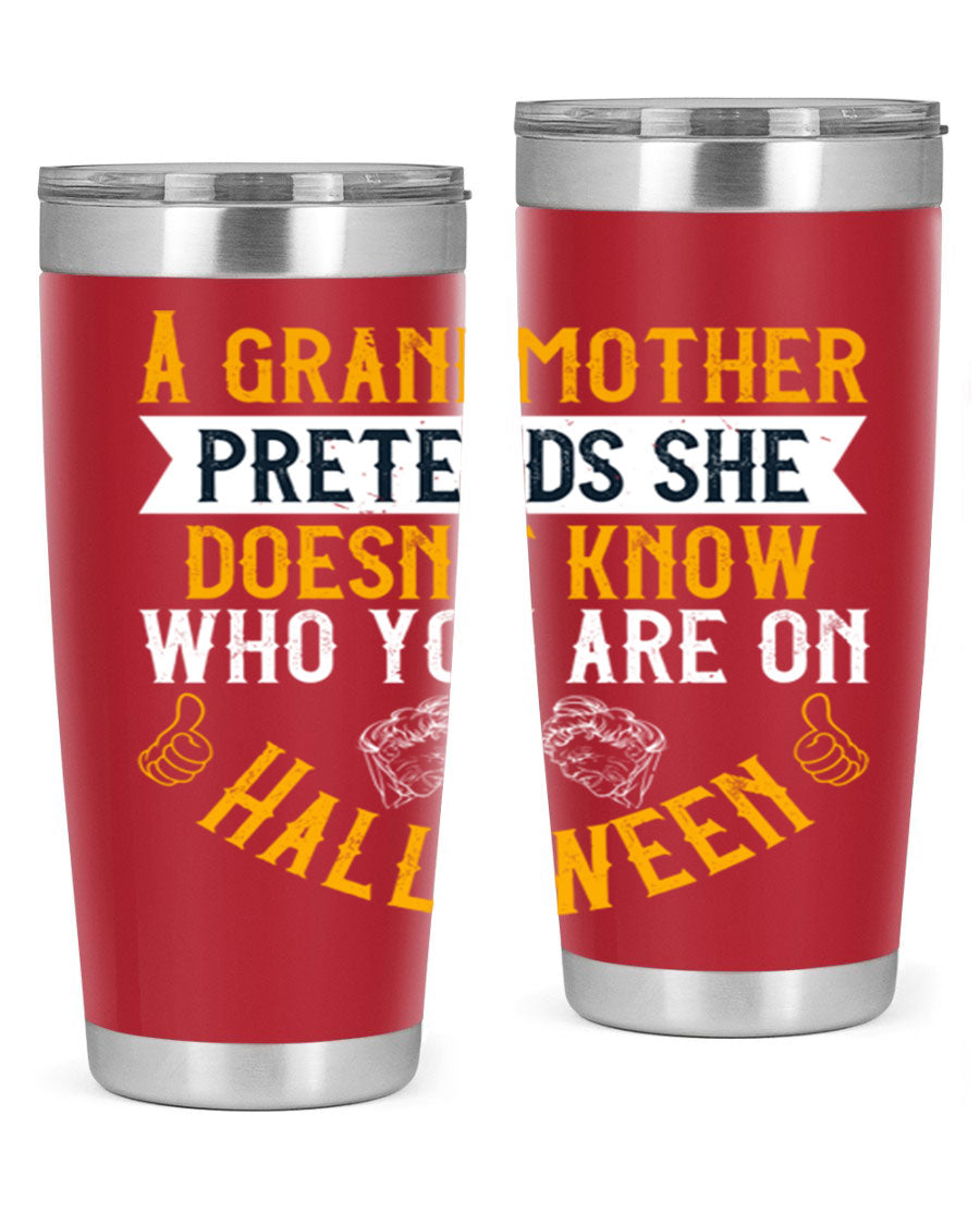A stylish stainless steel tumbler featuring a playful Halloween design with a grandmother pretending not to recognize you, perfect for hot and cold beverages.