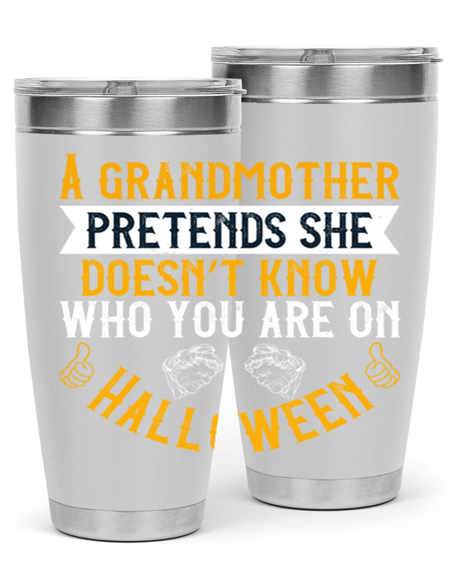 A stylish stainless steel tumbler featuring a playful Halloween design with a grandmother pretending not to recognize you, perfect for hot and cold beverages.