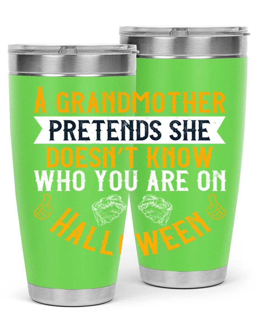 A stylish stainless steel tumbler featuring a playful Halloween design with a grandmother pretending not to recognize you, perfect for hot and cold beverages.