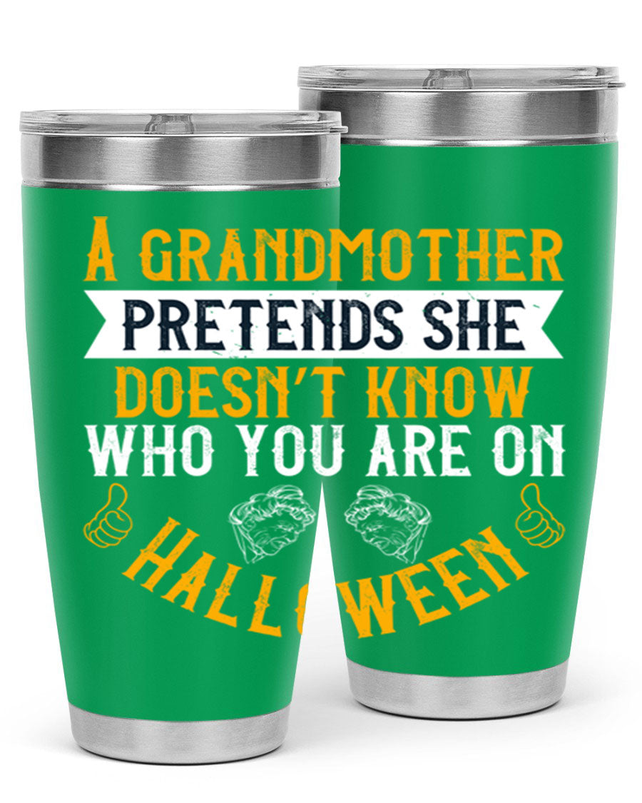 A stylish stainless steel tumbler featuring a playful Halloween design with a grandmother pretending not to recognize you, perfect for hot and cold beverages.