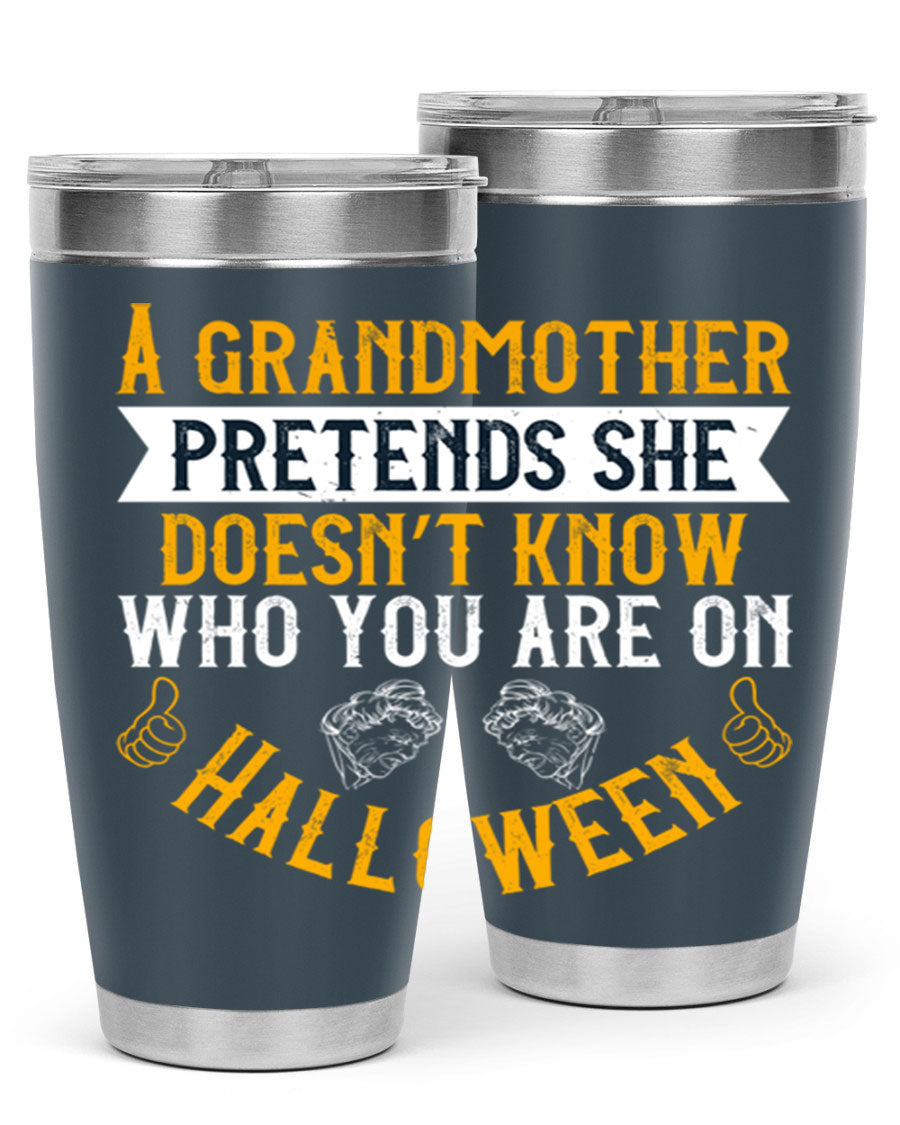 A stylish stainless steel tumbler featuring a playful Halloween design with a grandmother pretending not to recognize you, perfect for hot and cold beverages.