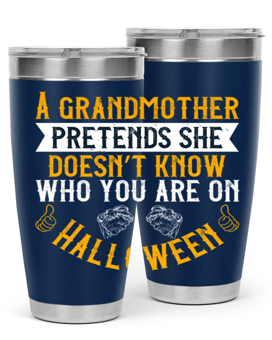 A stylish stainless steel tumbler featuring a playful Halloween design with a grandmother pretending not to recognize you, perfect for hot and cold beverages.