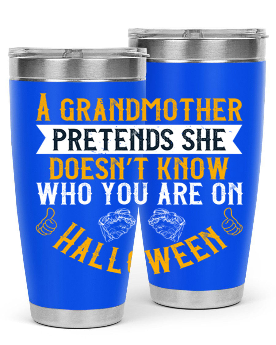 A stylish stainless steel tumbler featuring a playful Halloween design with a grandmother pretending not to recognize you, perfect for hot and cold beverages.