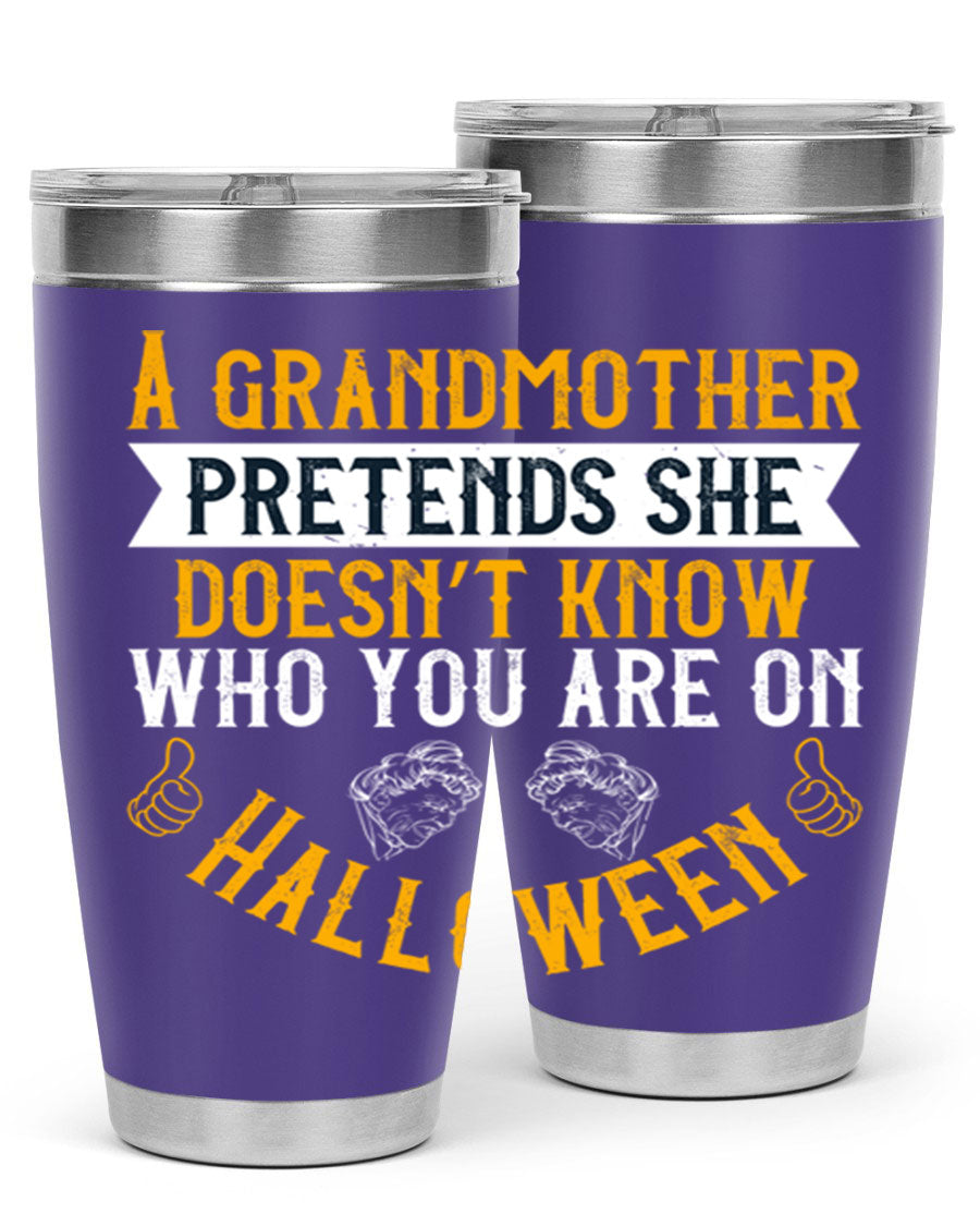 A stylish stainless steel tumbler featuring a playful Halloween design with a grandmother pretending not to recognize you, perfect for hot and cold beverages.