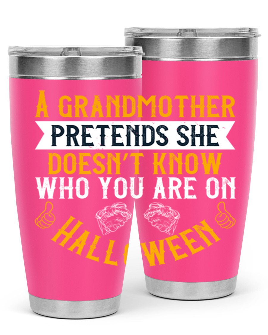 A stylish stainless steel tumbler featuring a playful Halloween design with a grandmother pretending not to recognize you, perfect for hot and cold beverages.