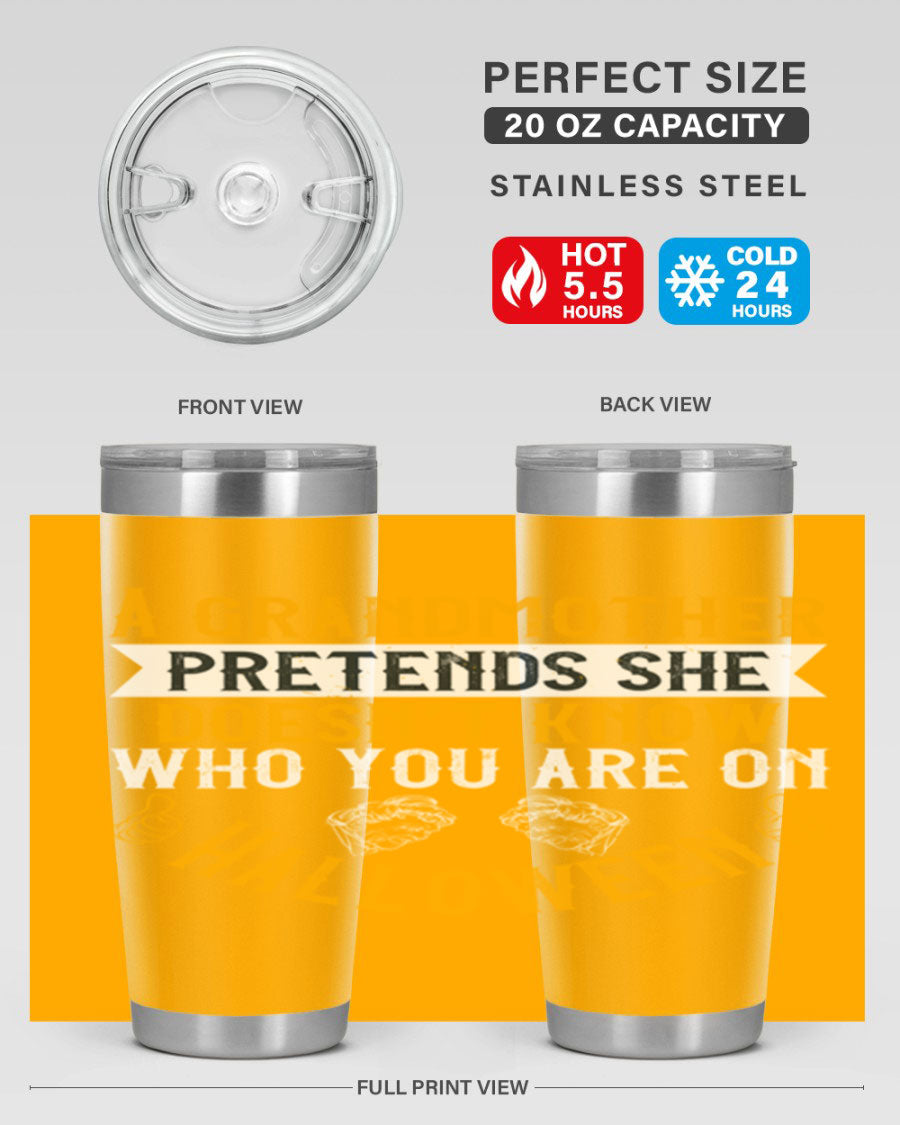 A stylish stainless steel tumbler featuring a playful Halloween design with a grandmother pretending not to recognize you, perfect for hot and cold beverages.