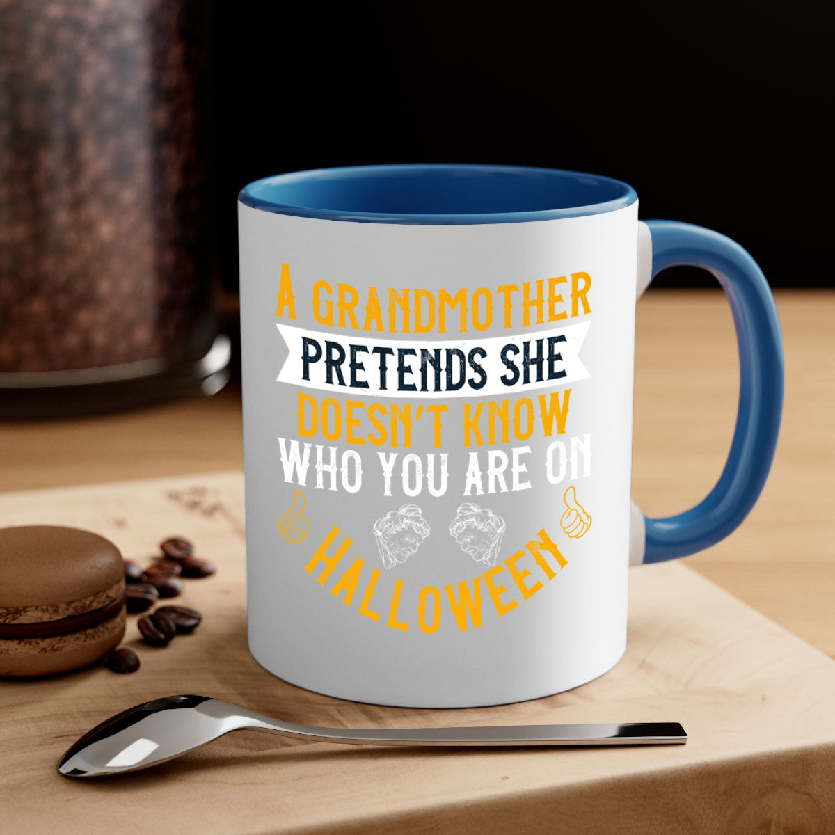 A two-tone ceramic mug featuring a humorous Halloween design with a colored handle and glossy finish, available in multiple colors.