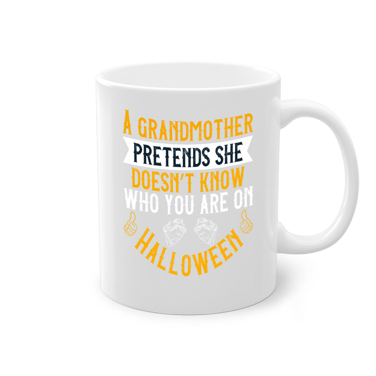 A two-tone ceramic mug featuring a humorous Halloween design with a colored handle and glossy finish, available in multiple colors.