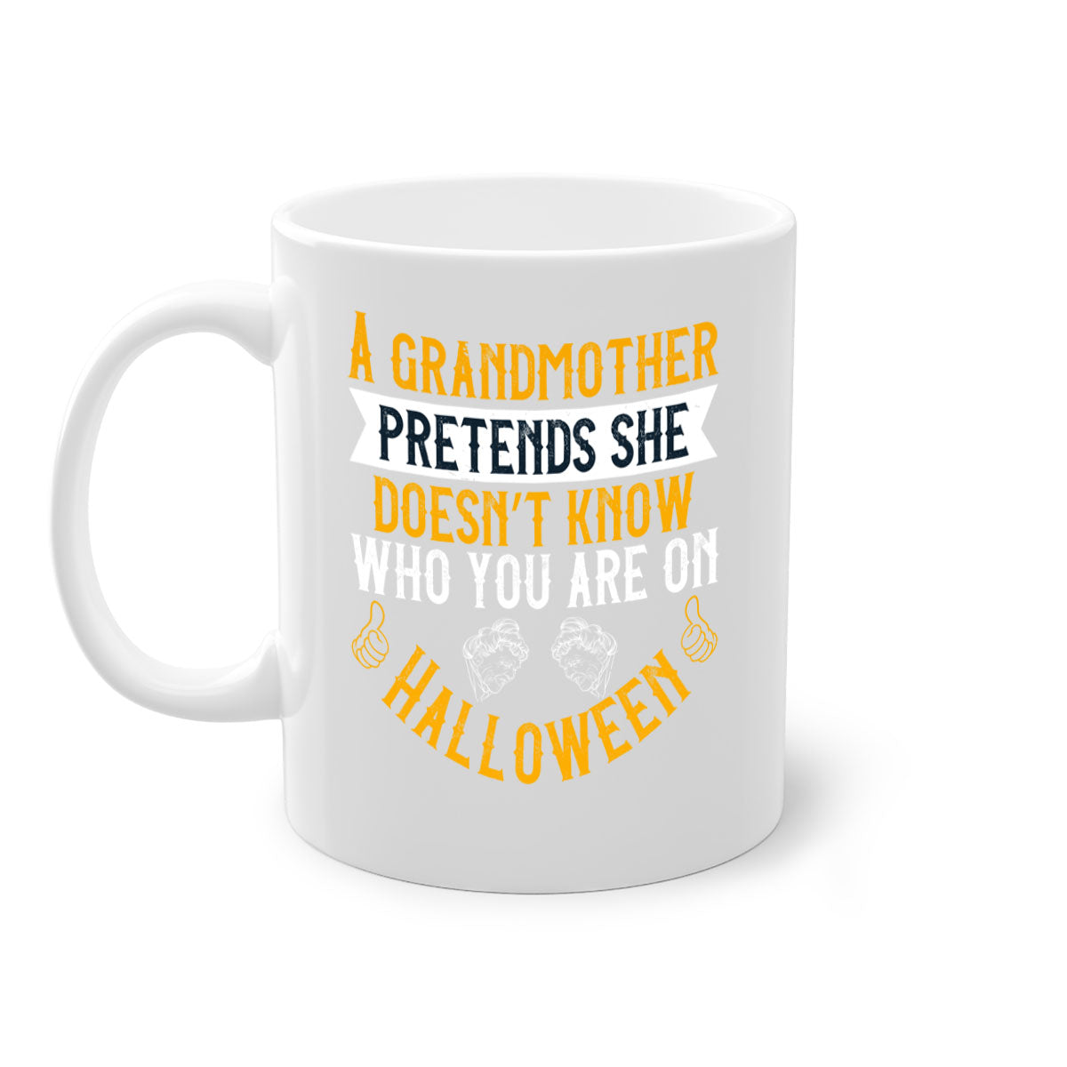 A two-tone ceramic mug featuring a humorous Halloween design with a colored handle and glossy finish, available in multiple colors.
