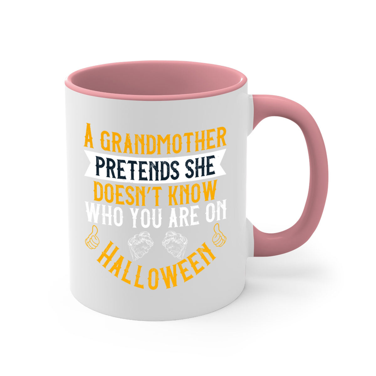A two-tone ceramic mug featuring a humorous Halloween design with a colored handle and glossy finish, available in multiple colors.