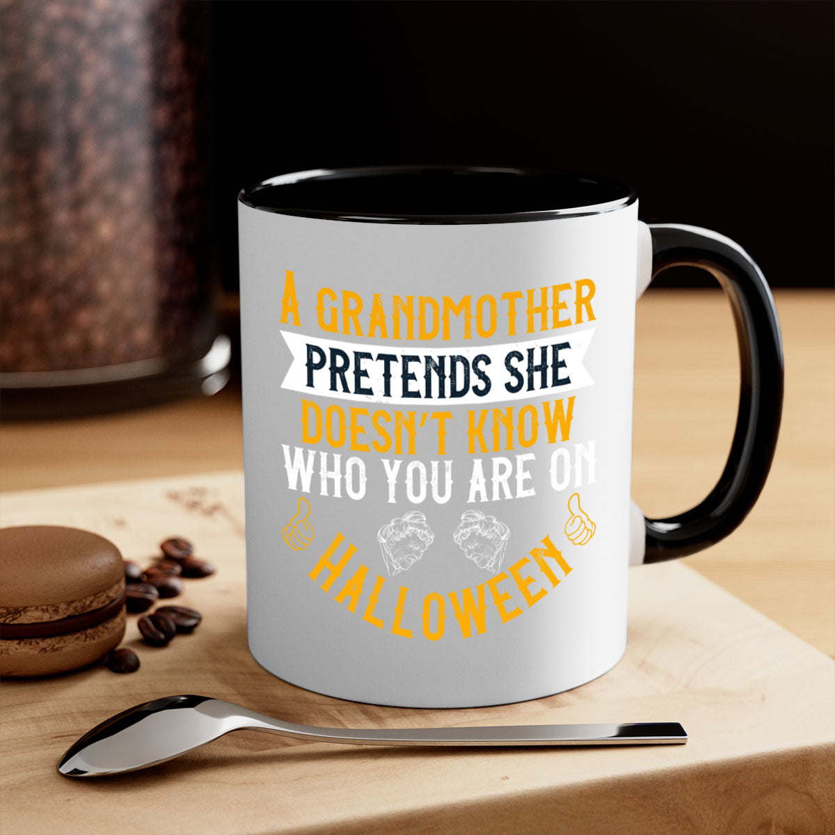 A two-tone ceramic mug featuring a humorous Halloween design with a colored handle and glossy finish, available in multiple colors.