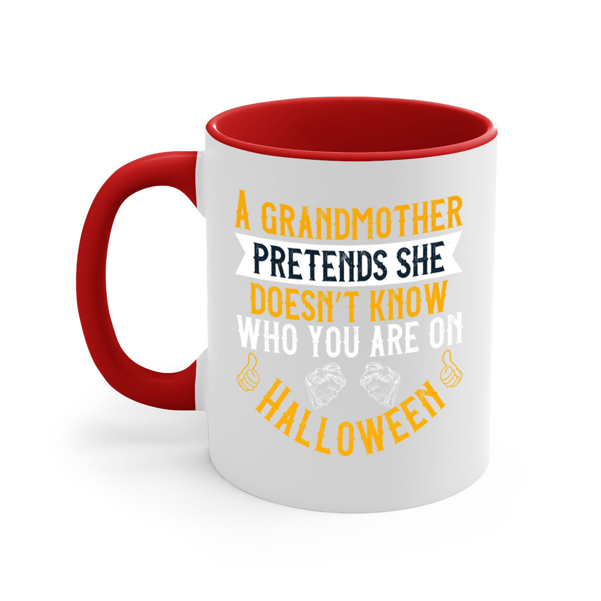 A two-tone ceramic mug featuring a humorous Halloween design with a colored handle and glossy finish, available in multiple colors.