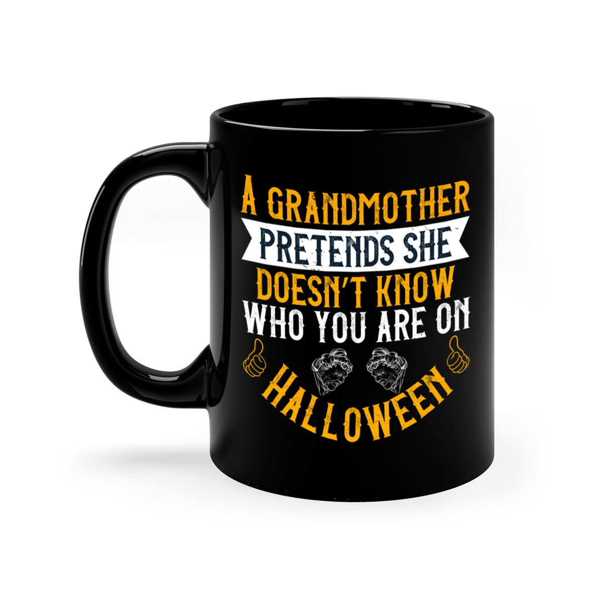A two-tone ceramic mug featuring a humorous Halloween design with a colored handle and glossy finish, available in multiple colors.