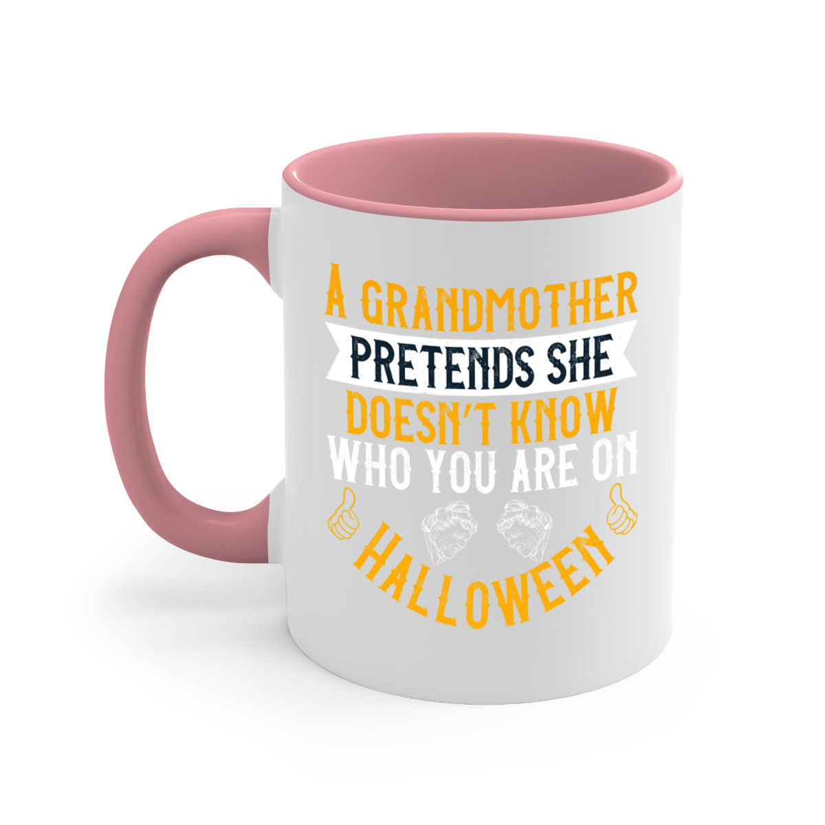 A two-tone ceramic mug featuring a humorous Halloween design with a colored handle and glossy finish, available in multiple colors.