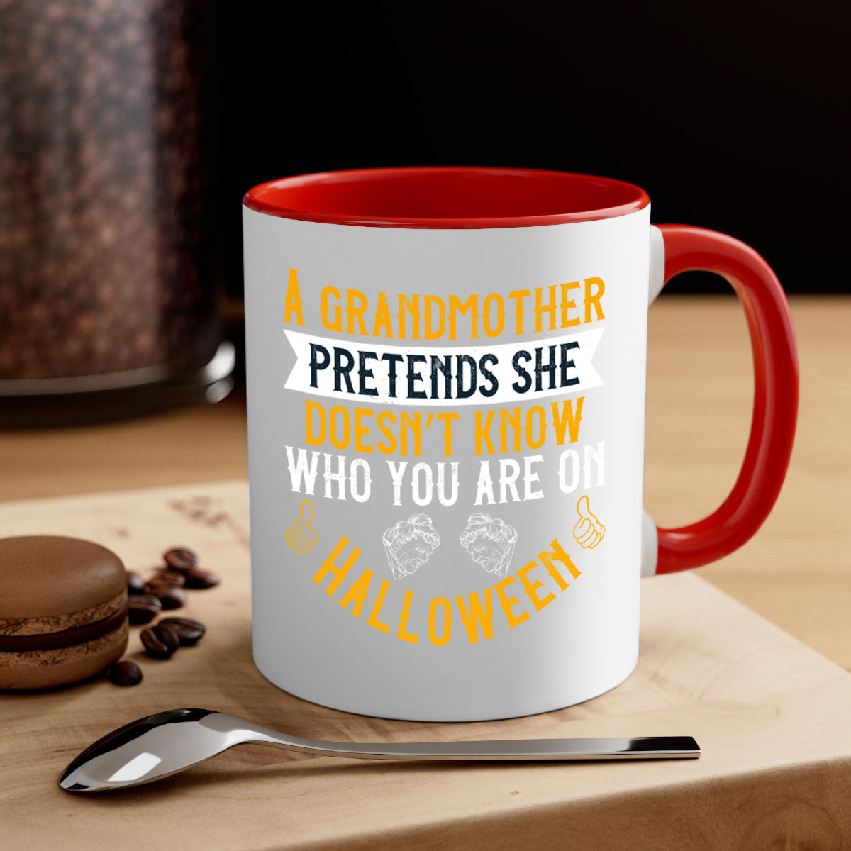 A two-tone ceramic mug featuring a humorous Halloween design with a colored handle and glossy finish, available in multiple colors.