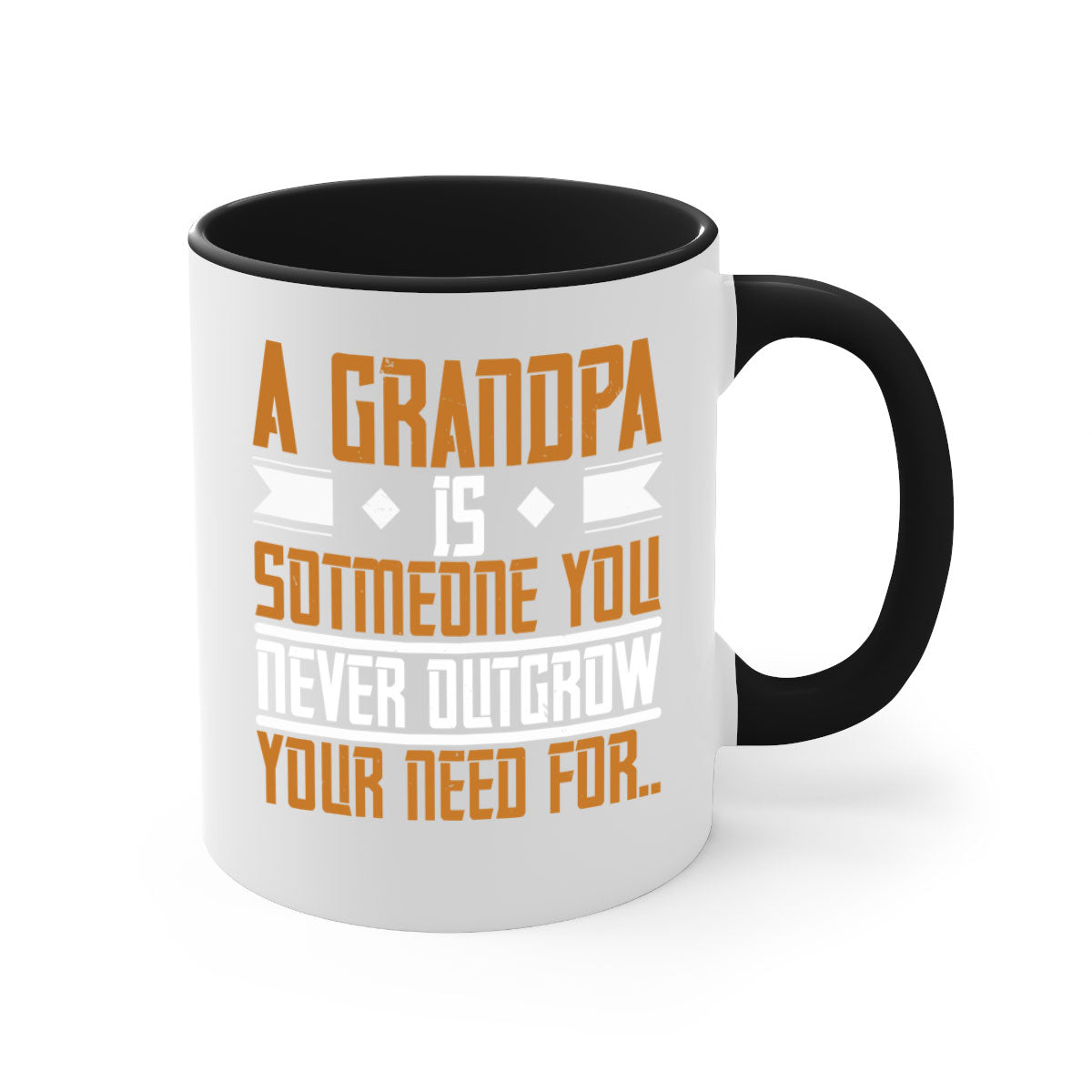 A stylish two-tone ceramic mug with a colored handle and glossy finish, featuring the phrase 'A grandpa is someone you never outgrow' in a charming design.