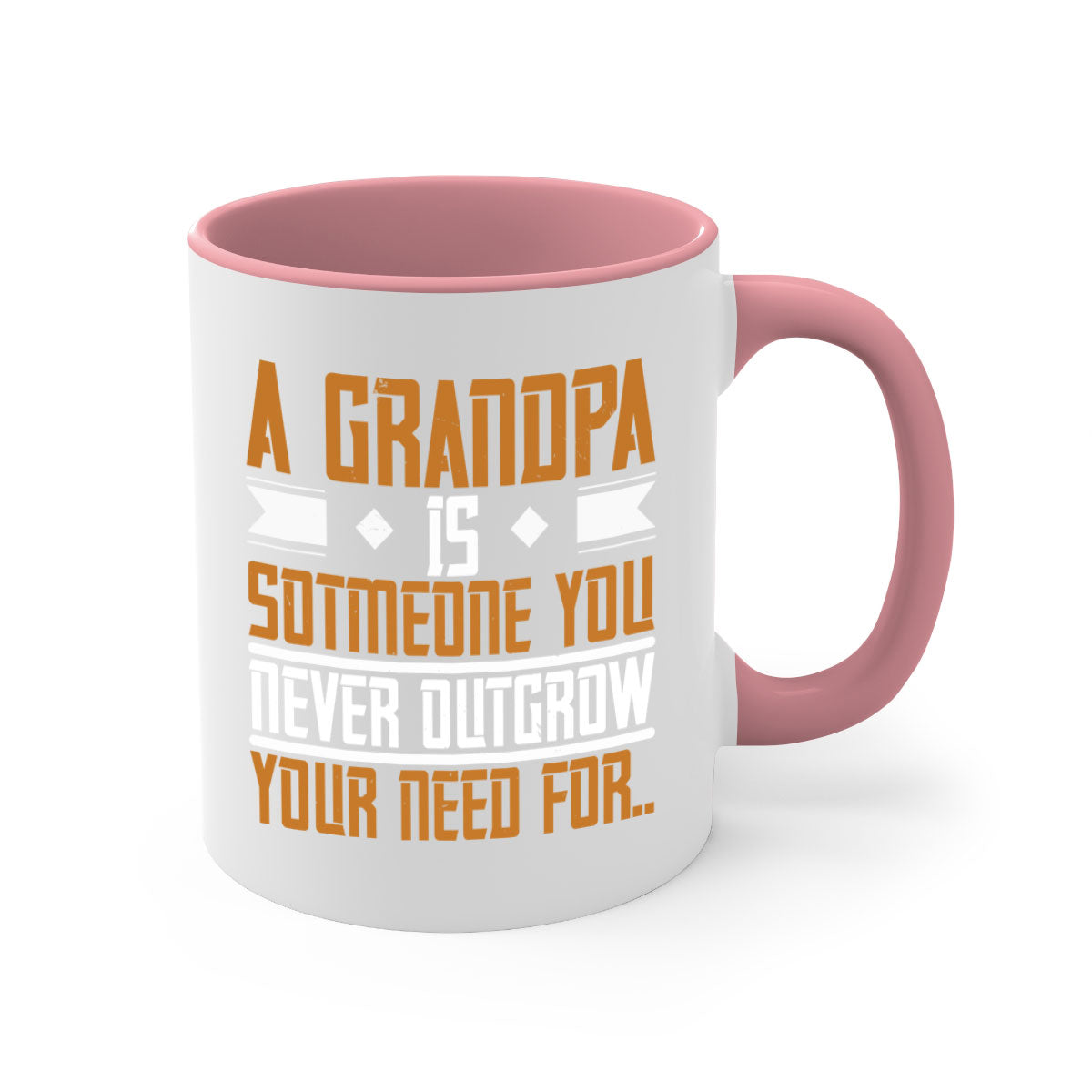 A stylish two-tone ceramic mug with a colored handle and glossy finish, featuring the phrase 'A grandpa is someone you never outgrow' in a charming design.