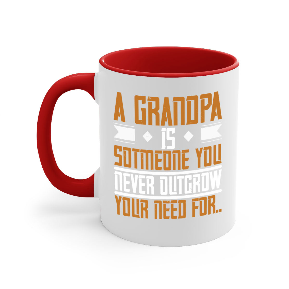 A stylish two-tone ceramic mug with a colored handle and glossy finish, featuring the phrase 'A grandpa is someone you never outgrow' in a charming design.