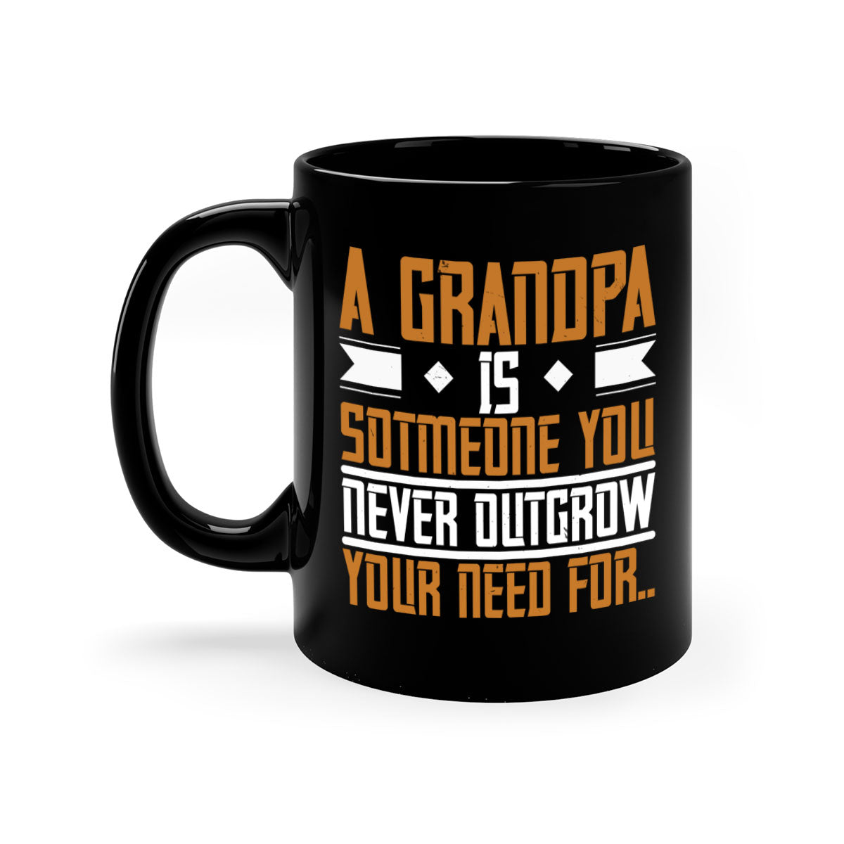 A stylish two-tone ceramic mug with a colored handle and glossy finish, featuring the phrase 'A grandpa is someone you never outgrow' in a charming design.