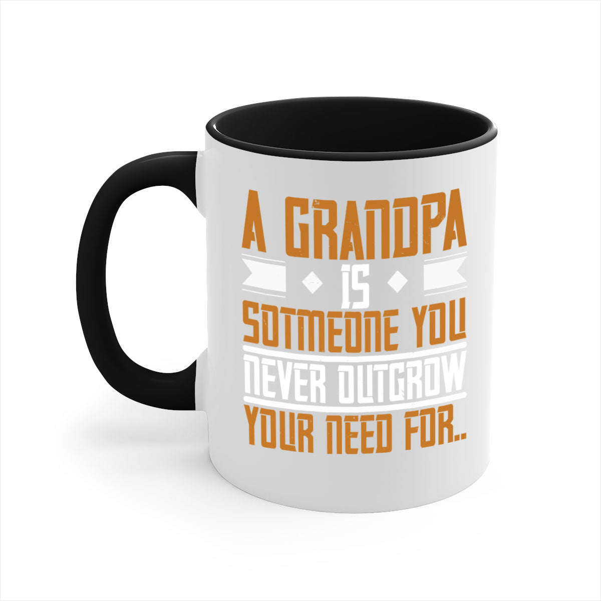 A stylish two-tone ceramic mug with a colored handle and glossy finish, featuring the phrase 'A grandpa is someone you never outgrow' in a charming design.