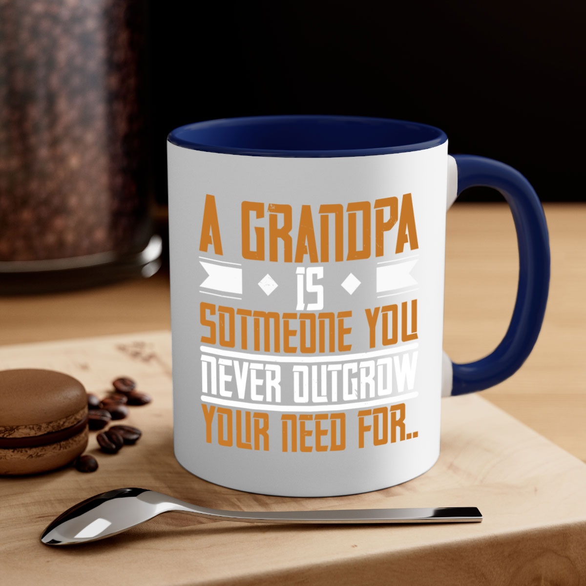 A stylish two-tone ceramic mug with a colored handle and glossy finish, featuring the phrase 'A grandpa is someone you never outgrow' in a charming design.