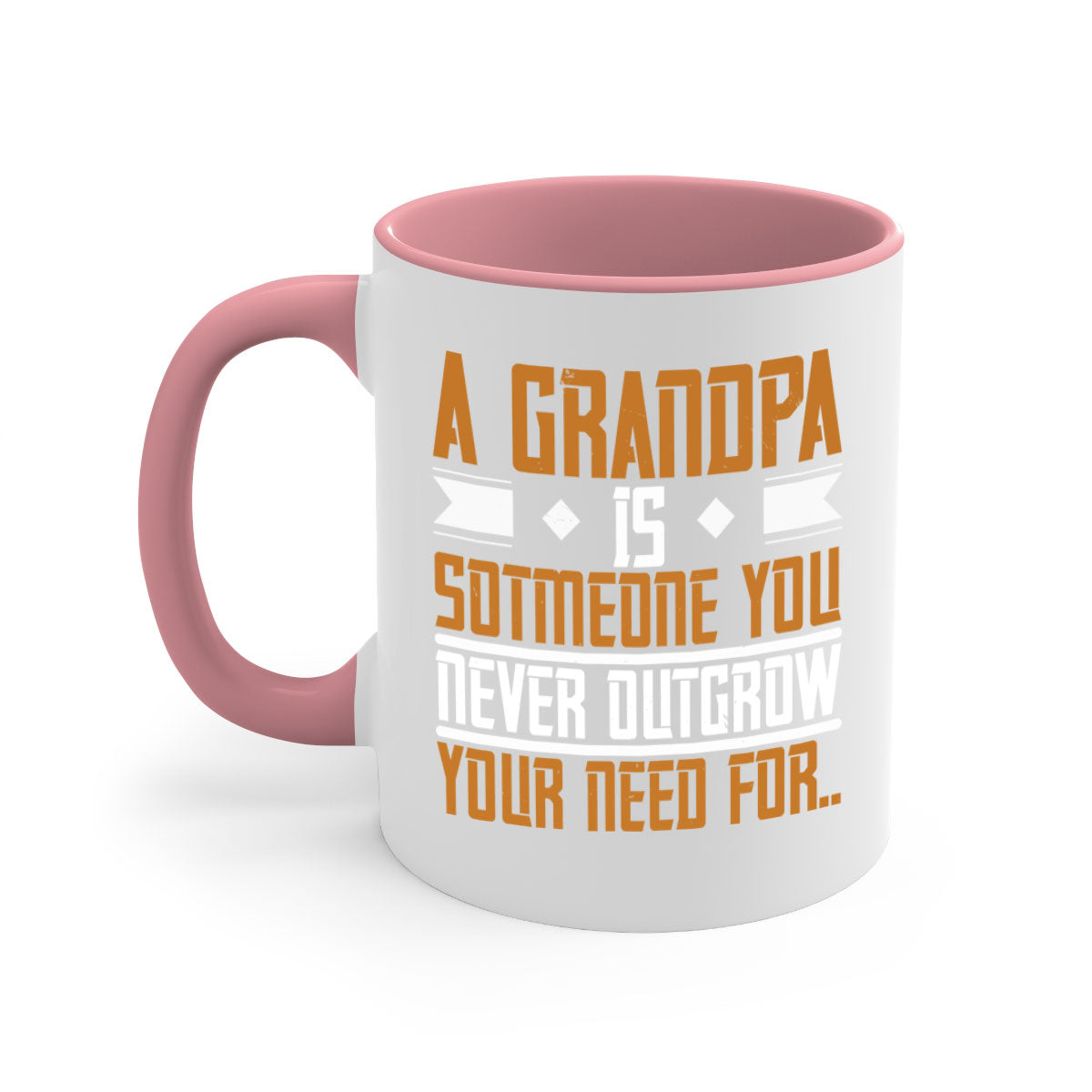 A stylish two-tone ceramic mug with a colored handle and glossy finish, featuring the phrase 'A grandpa is someone you never outgrow' in a charming design.
