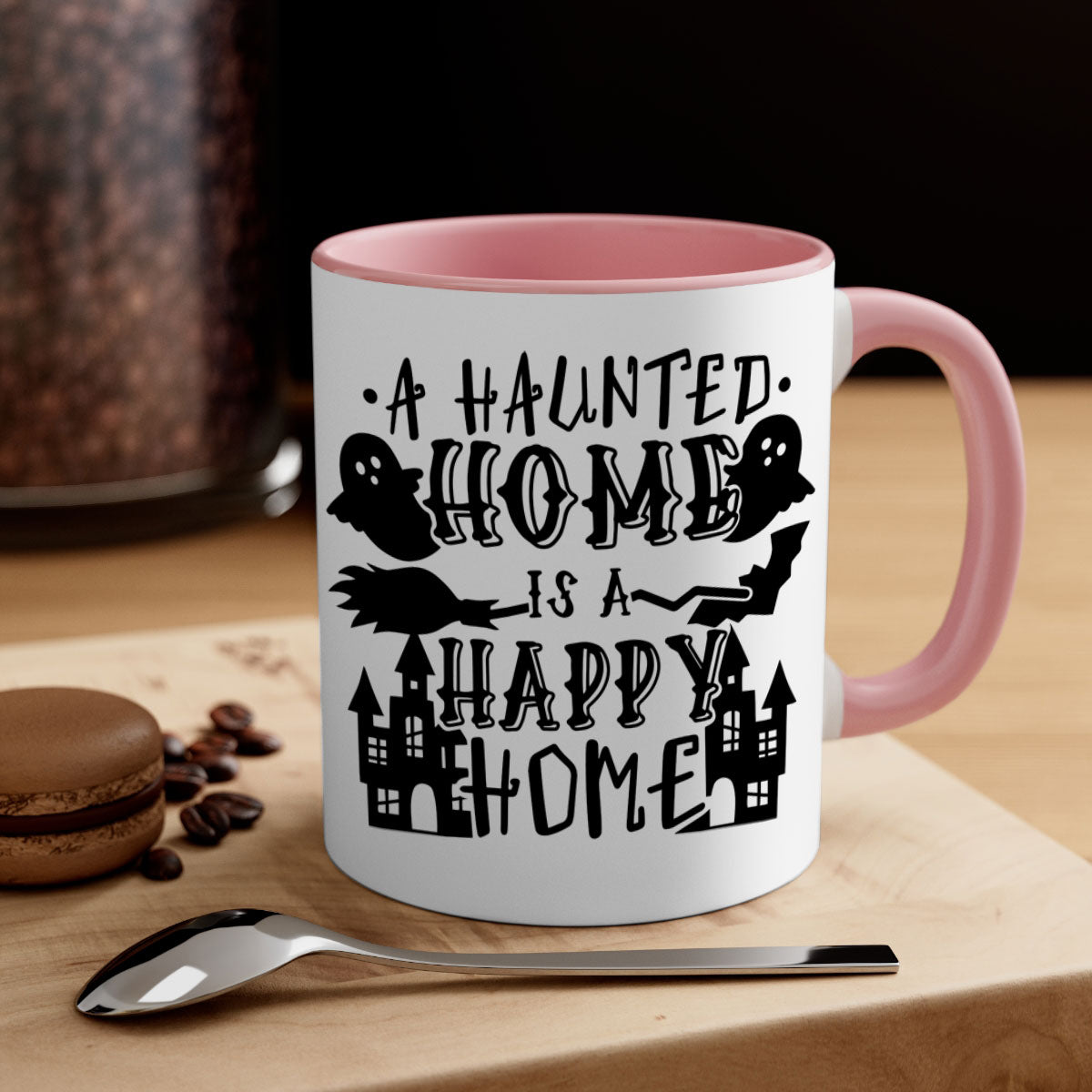 Haunted Home is a Happy Home 97# Halloween Mug with colorful handle and glossy finish, perfect for coffee or tea.