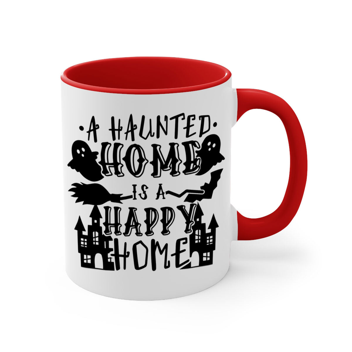 Haunted Home is a Happy Home 97# Halloween Mug with colorful handle and glossy finish, perfect for coffee or tea.