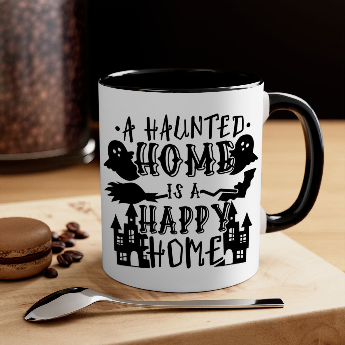 Haunted Home is a Happy Home 97# Halloween Mug with colorful handle and glossy finish, perfect for coffee or tea.