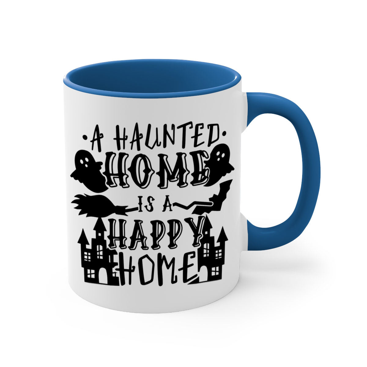 Haunted Home is a Happy Home 97# Halloween Mug with colorful handle and glossy finish, perfect for coffee or tea.