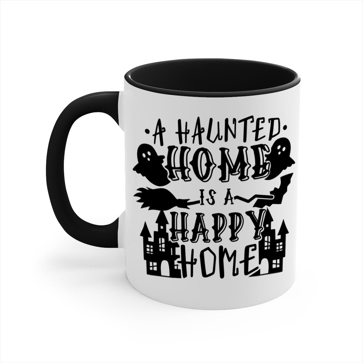 Haunted Home is a Happy Home 97# Halloween Mug with colorful handle and glossy finish, perfect for coffee or tea.