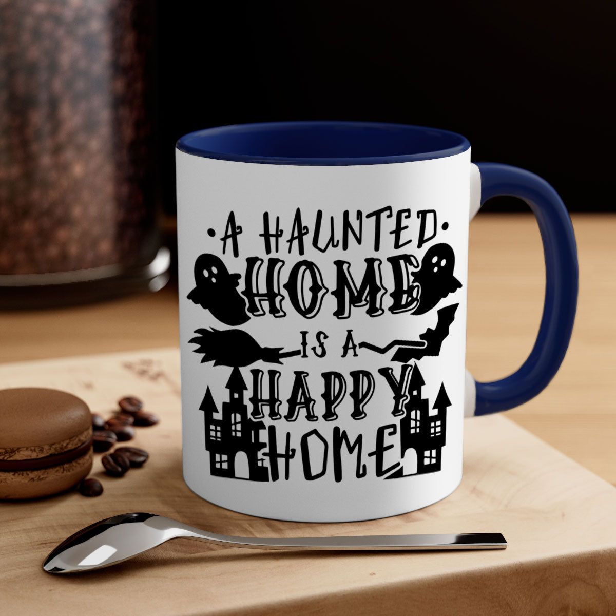 Haunted Home is a Happy Home 97# Halloween Mug with colorful handle and glossy finish, perfect for coffee or tea.