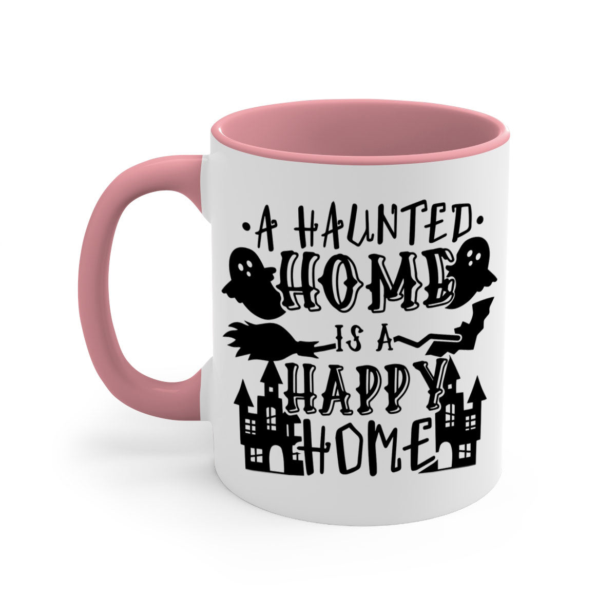 Haunted Home is a Happy Home 97# Halloween Mug with colorful handle and glossy finish, perfect for coffee or tea.