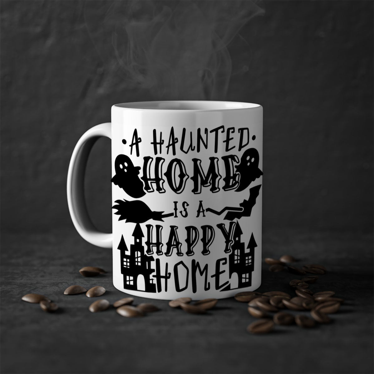 Haunted Home is a Happy Home 97# Halloween Mug with colorful handle and glossy finish, perfect for coffee or tea.