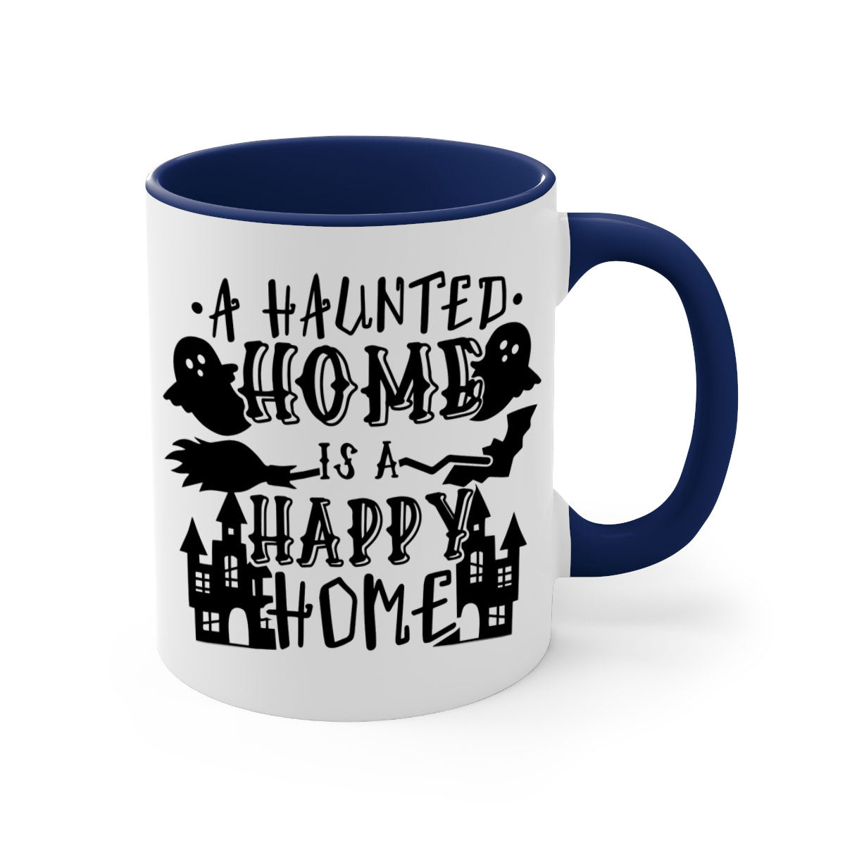 Haunted Home is a Happy Home 97# Halloween Mug with colorful handle and glossy finish, perfect for coffee or tea.