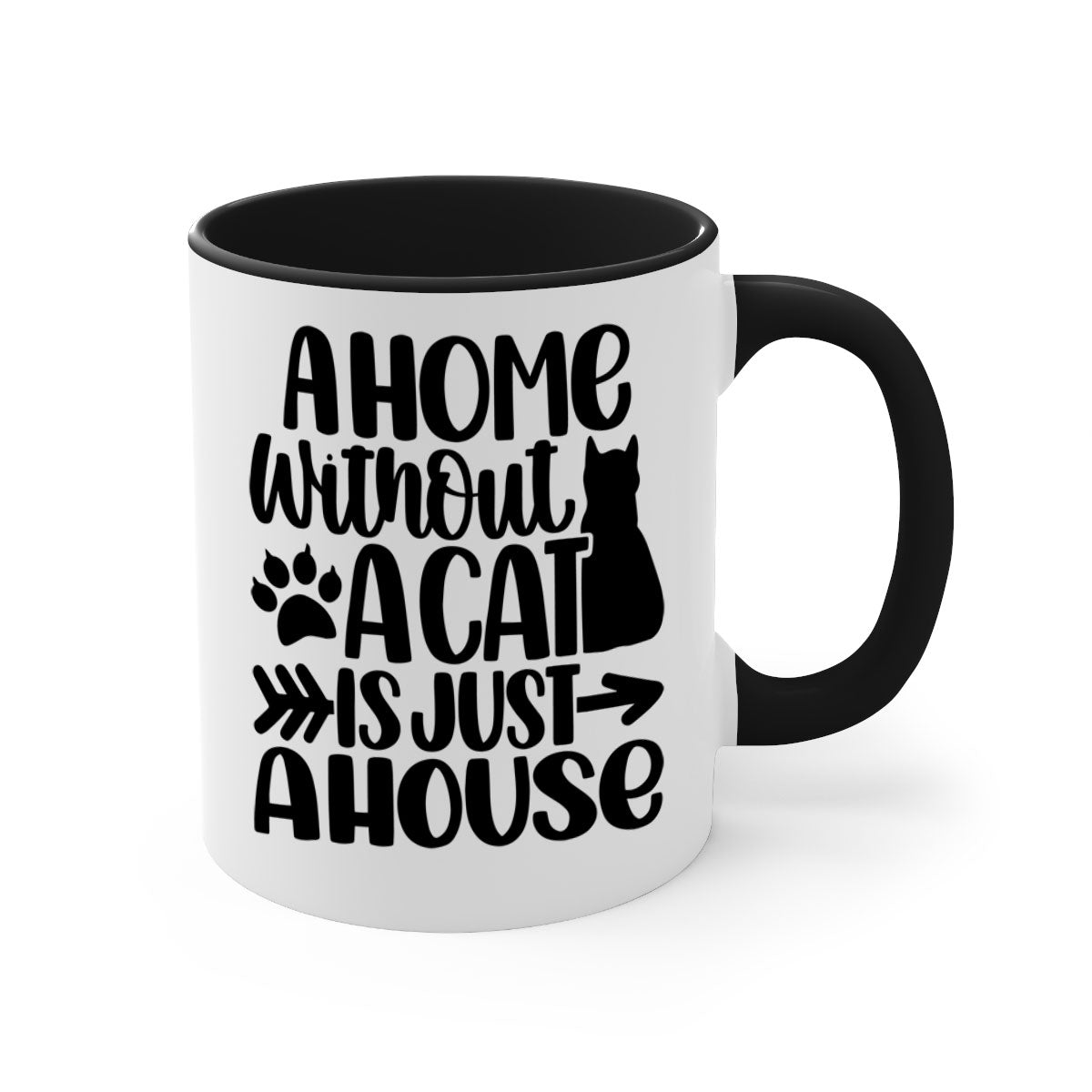 A stylish two-tone ceramic mug with a colored handle and interior, featuring the phrase 'A Home Without A Cat Style 73#'.