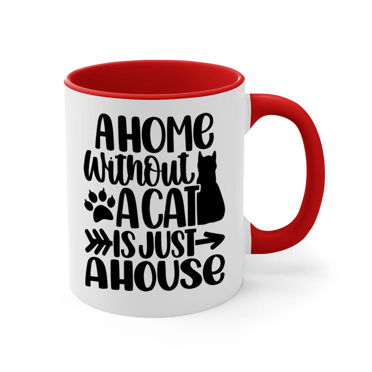 A stylish two-tone ceramic mug with a colored handle and interior, featuring the phrase 'A Home Without A Cat Style 73#'.