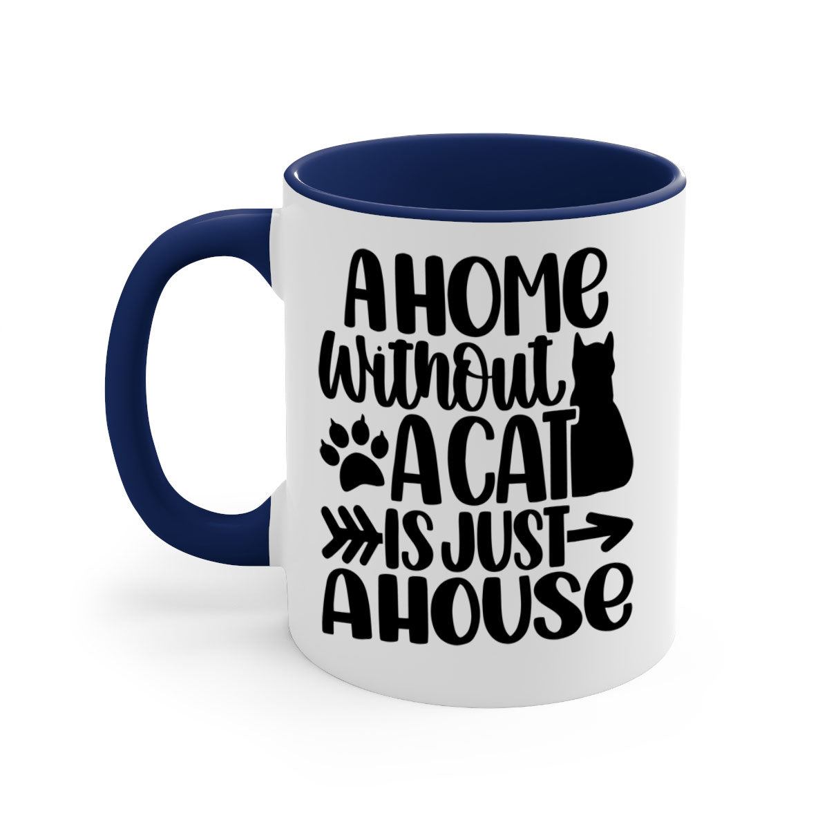 A stylish two-tone ceramic mug with a colored handle and interior, featuring the phrase 'A Home Without A Cat Style 73#'.