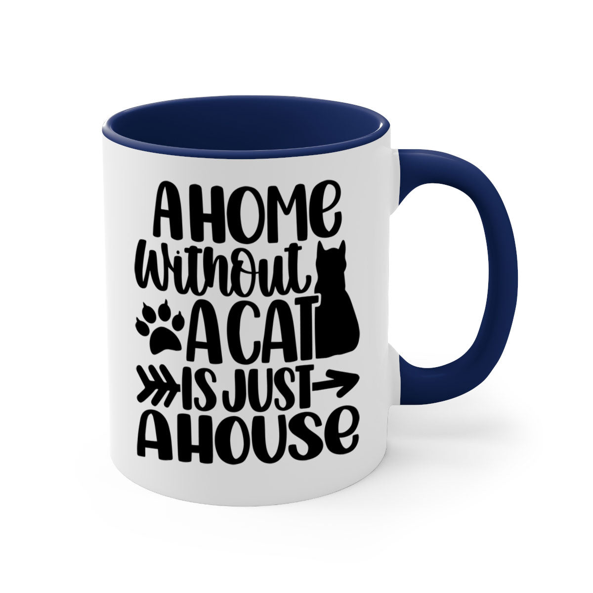 A stylish two-tone ceramic mug with a colored handle and interior, featuring the phrase 'A Home Without A Cat Style 73#'.