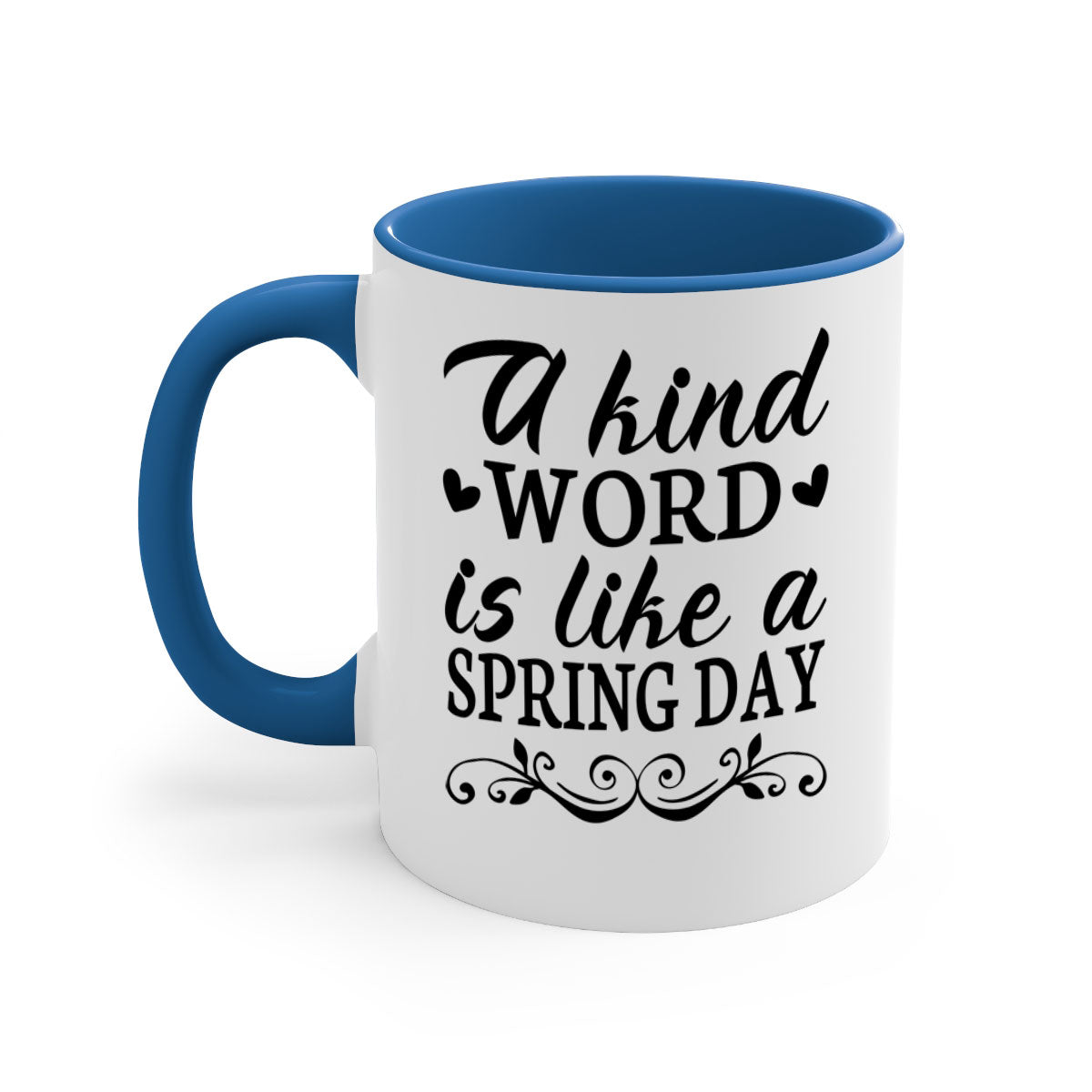 A Kind Word is Like 14# Mug featuring a two-tone design with a colored handle and interior, available in multiple colors.