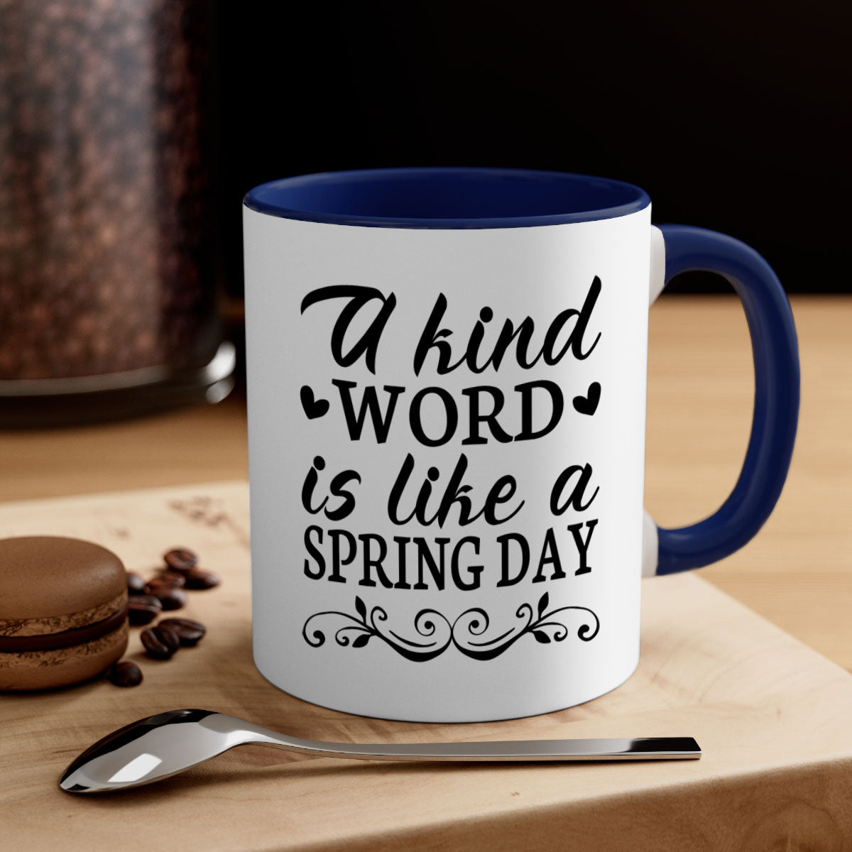 A Kind Word is Like 14# Mug featuring a two-tone design with a colored handle and interior, available in multiple colors.