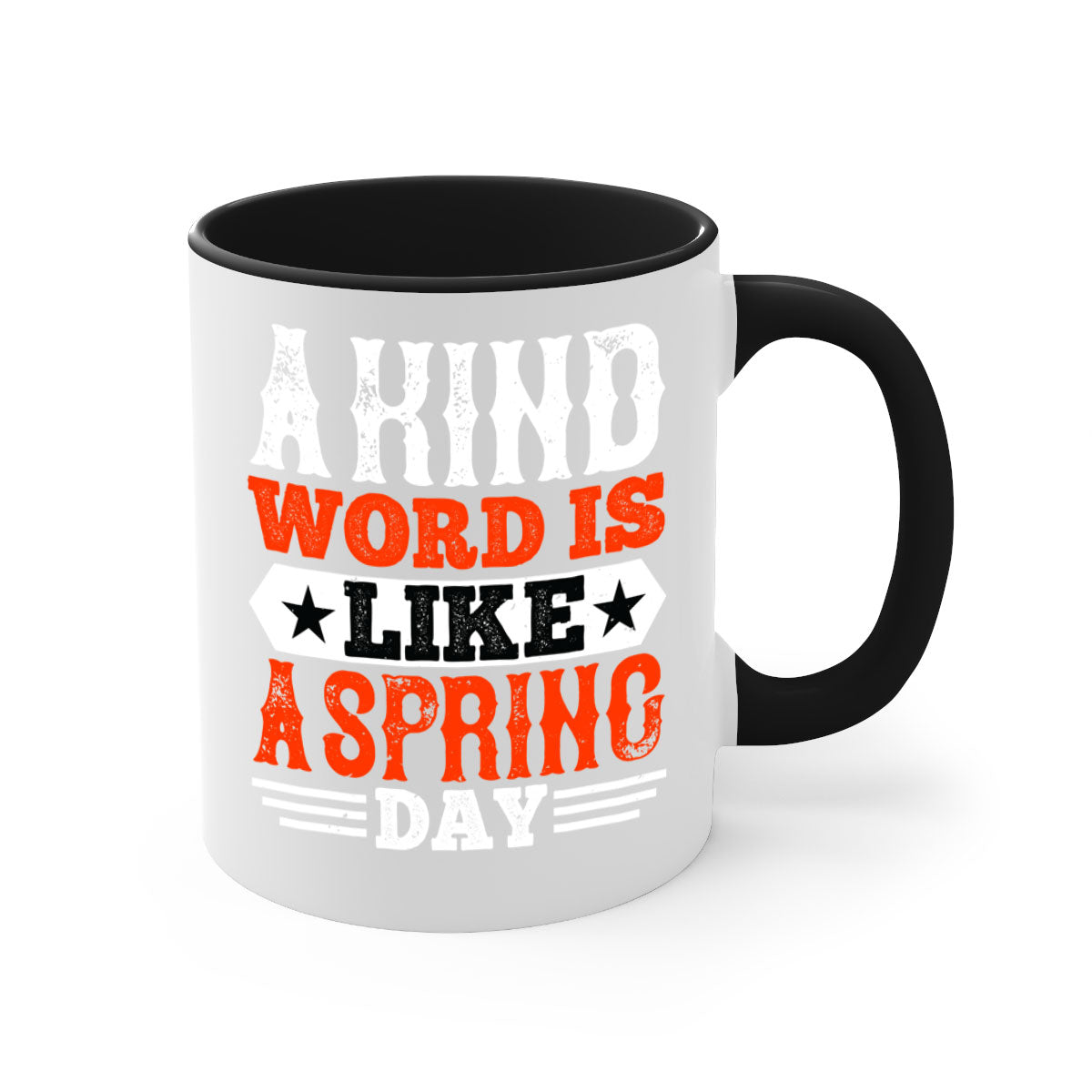 A kind word is like a spring day mug featuring a glossy finish, colored handle, and interior, available in five colors.